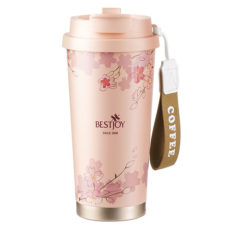 FUGURNG BESTJOY Insulated Mug Coffee Cup for Men And Women with Ceramic Inner Liner Portable Cup with Straw for Students Pink Cherry Blossom 520ml