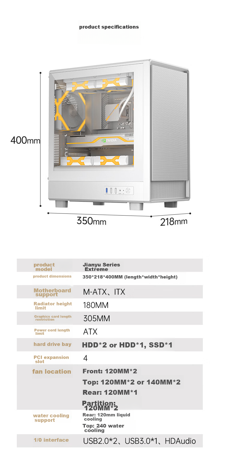 Golden Field Jianyu Jibai Wide Desktop Computer Case, Front Panel without Fan/fully Compatible with 240mm Water Cooling/M-ATX Motherboard/180mm Radiator Height Limit 10