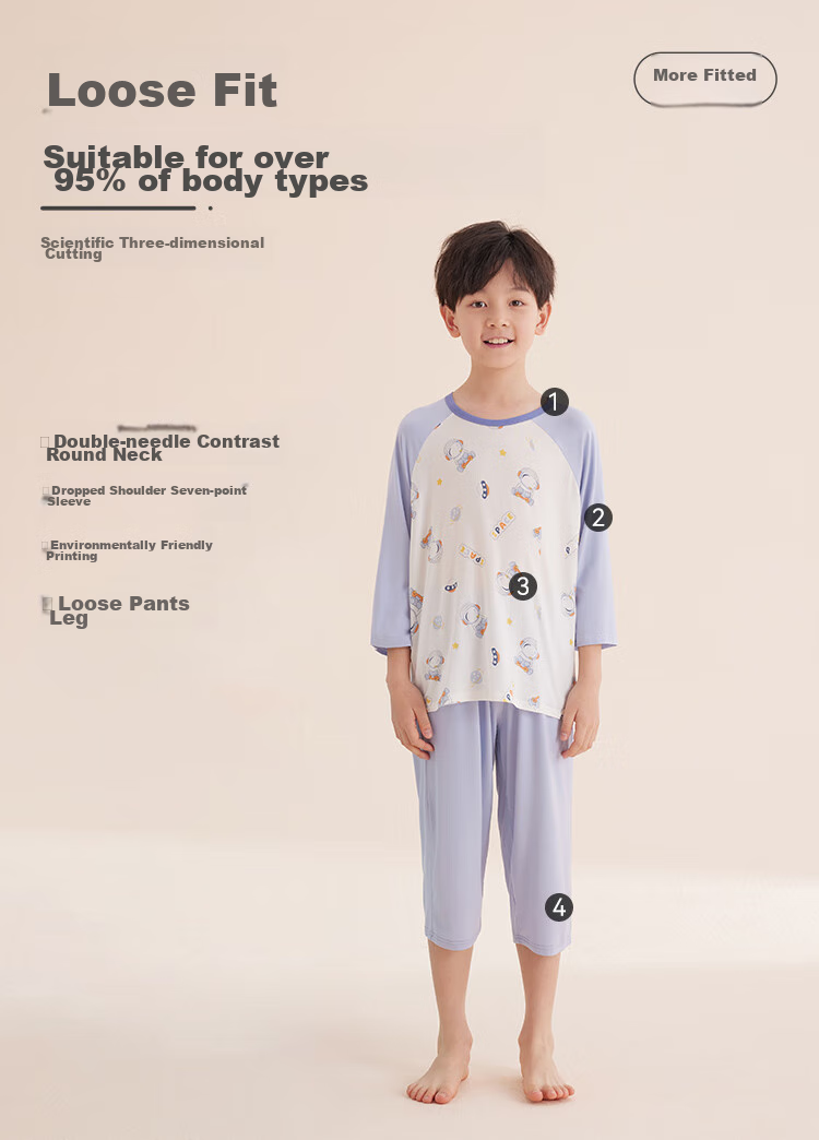 Hodo Children's Summer Thin Pajamas, Boys' Three-Quarter Sleeve Home Wear Set, Youkesi Air Conditioning Clothes J3309 Gray Blue 130 3