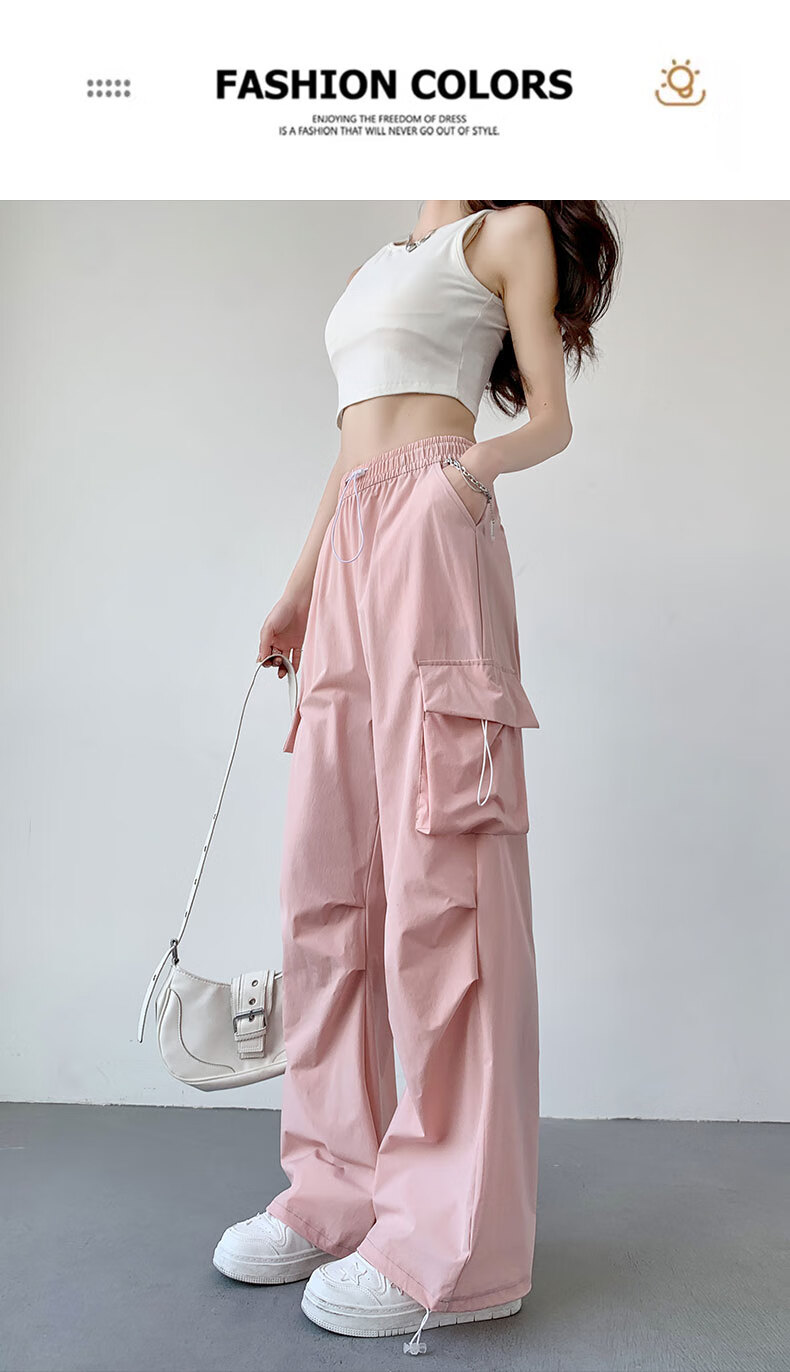 LangSha American-Style Parachute Cargo Pants for Women, Summer Ice Silk High-Waist Wide-Leg Loose Casual Quick-Dry Outdoor Sports Pants for Wome 25