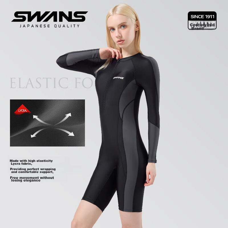 Женский купальник Suanshi SWANS, слитный, с длинным рукавом, защита от УФ, черный с серым, XXL