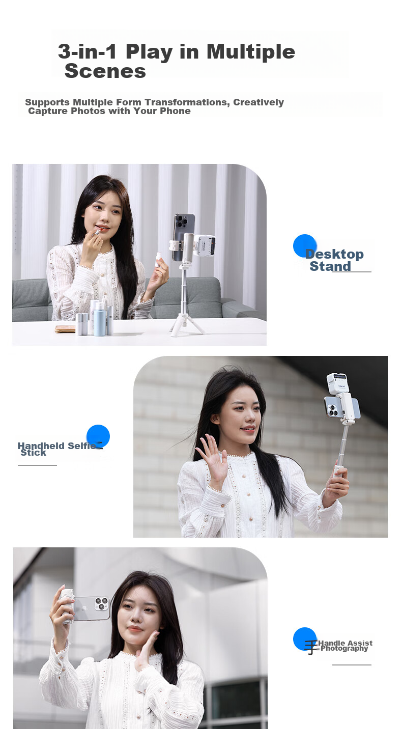 Youlanzi Ulanzi JJ02 Bluetooth Selfie Stick with Tripod, Extendable Handle, Desktop Stand, Rotating Phone Clamp for Live Streaming And Photography (White) 3
