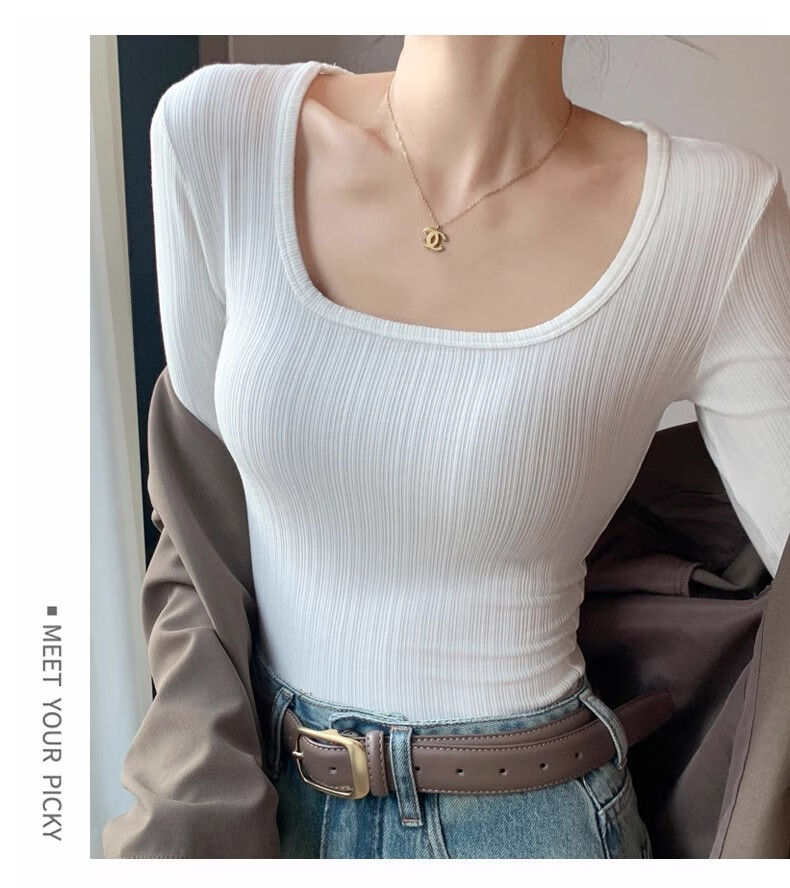 Yuzhaolin Women's Basic Long Sleeve T-Shirt Thin Large U-Neck Slim Fit Simple Versatile Top for Spring and Autumn 5