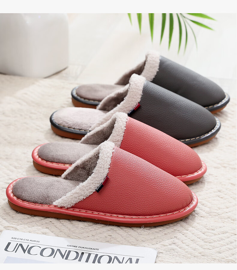 GUOLUOFEI Waterproof PU Leather Cotton Slippers for Men And Women, Winter Outdoor Wear Non-Slip Indoor Maternity Shoes Home Cotton Shoes, Black, Size 44/45 13