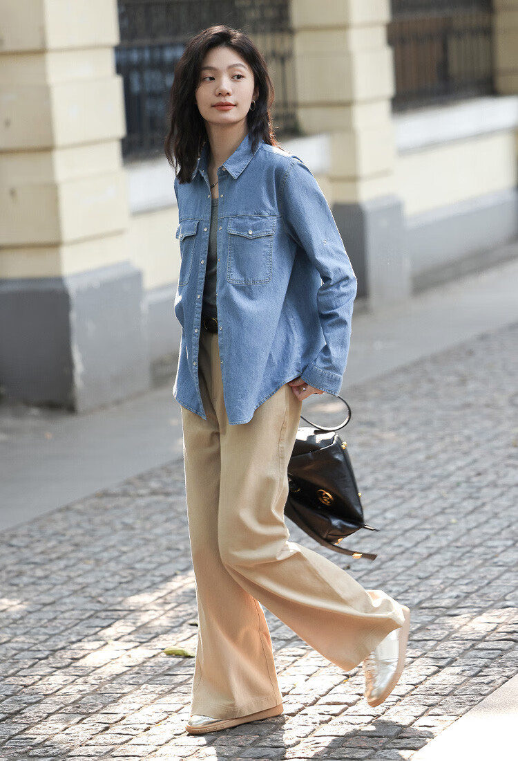 Dme Vintage Washed Color Spring And Autumn Women's Fashion High-End Denim Shirt Layered Base Top Blouse 4