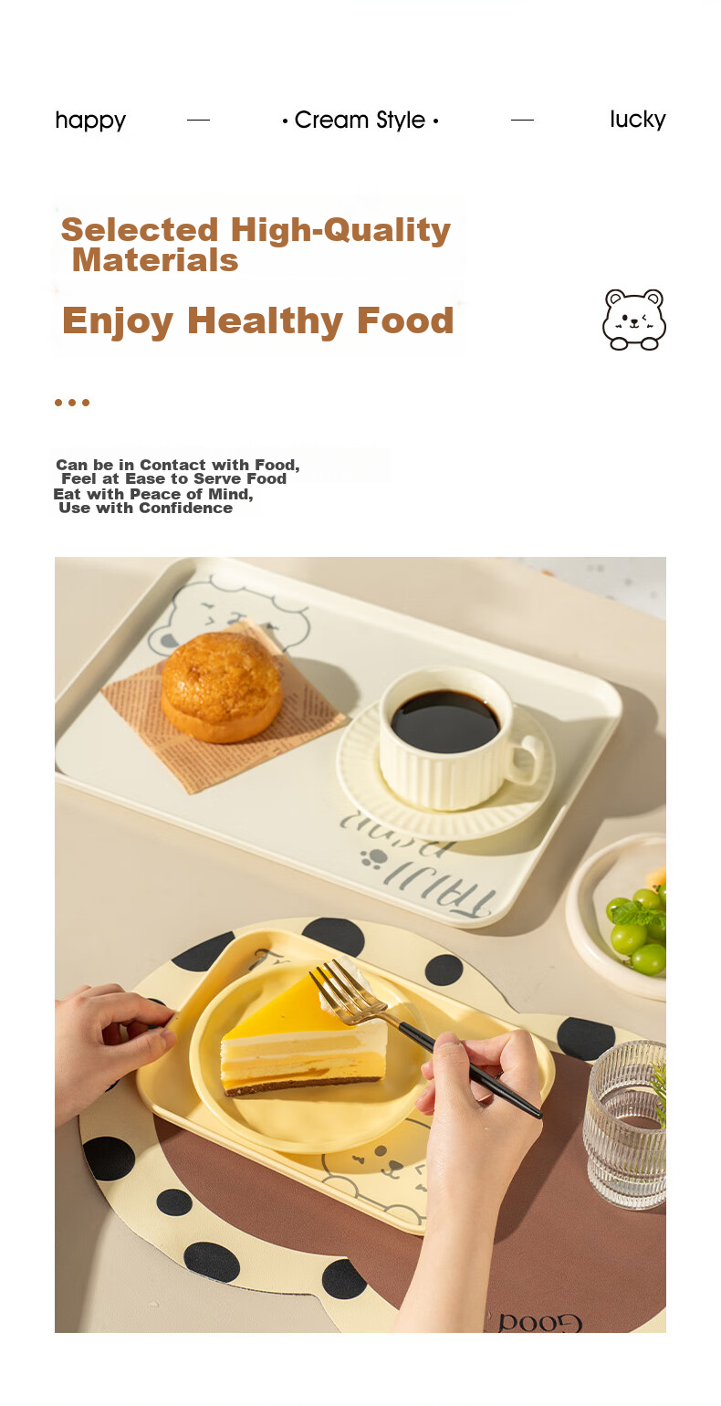 CAIZHI Rectangular Tray, Tea Tray for Home Use, Fruit Plate, Breakfast Tray, Storage Tray, Snack Plate, Large Size, Bear Design, Beige, CZ6949 5