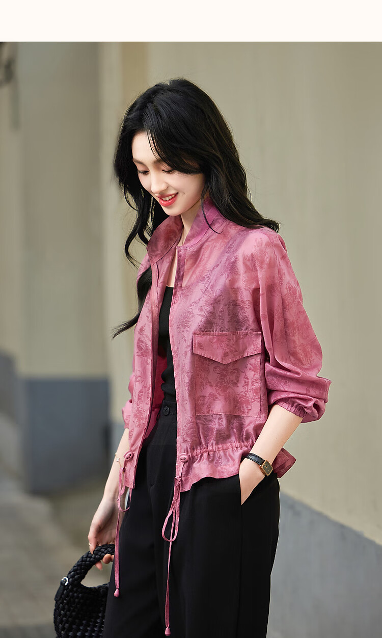 Dme [Elegant Gradient Print] Spring Lightweight Lyocell Drawstring Large Patch Pocket Elastic Cuff Sports Women's Jacket 11