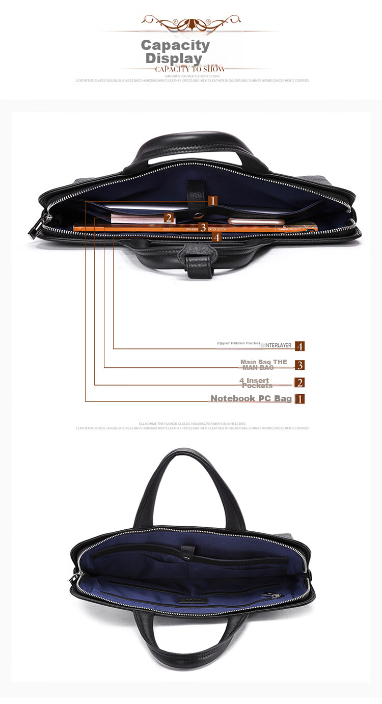 ELLE HOMME Men's Business Briefcase, Fashionable Genuine Leather Handbag, Lightweight Cowhide Men's Bag, 03310 Black, Birthday Gift 8