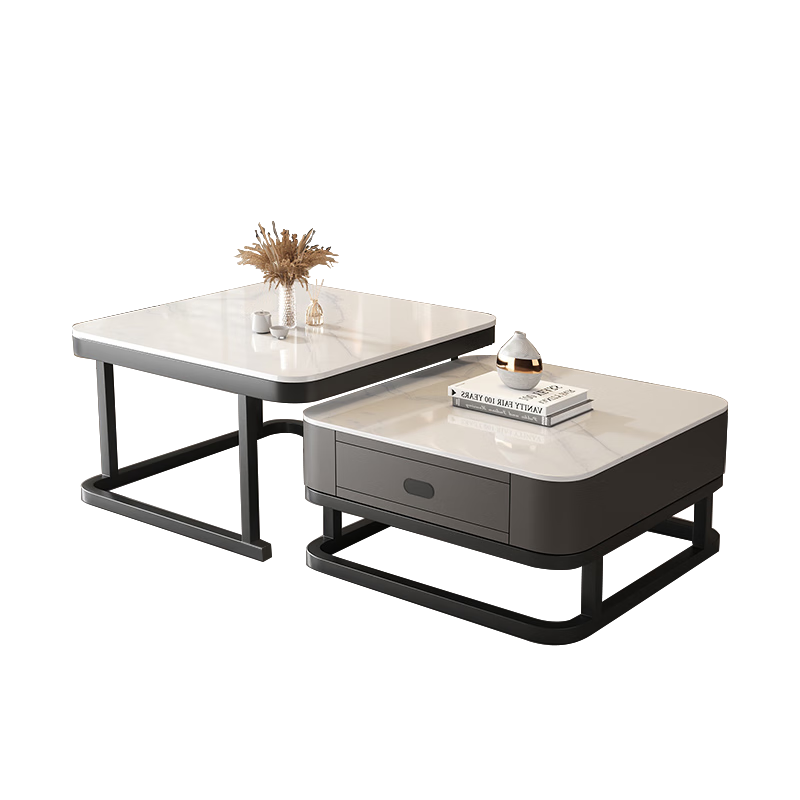Qianxihuafu Coffee Table, Living Room Side Table for Small Apartments, High-End Light Luxury, 2026 Square Rock Slab Coffee Table, Gray And White Board