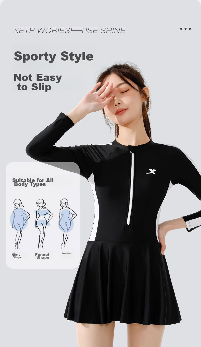 XTEP XTEP Summer One-Piece Swimsuit with Skirt for Women, Long-Sleeve Beach Hot Spring Swimwear, Black, Size L 5