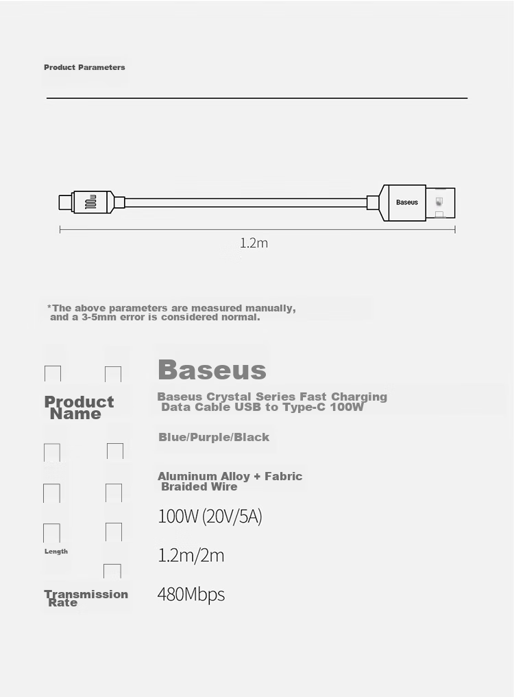 Baseus Type-C Data Cable Compatible with 66W Huawei 6A Charging Cable for Huawei Mate70Pro/P600/500 Honor 100W Super Fast Charging, 2 Meters Blue 13