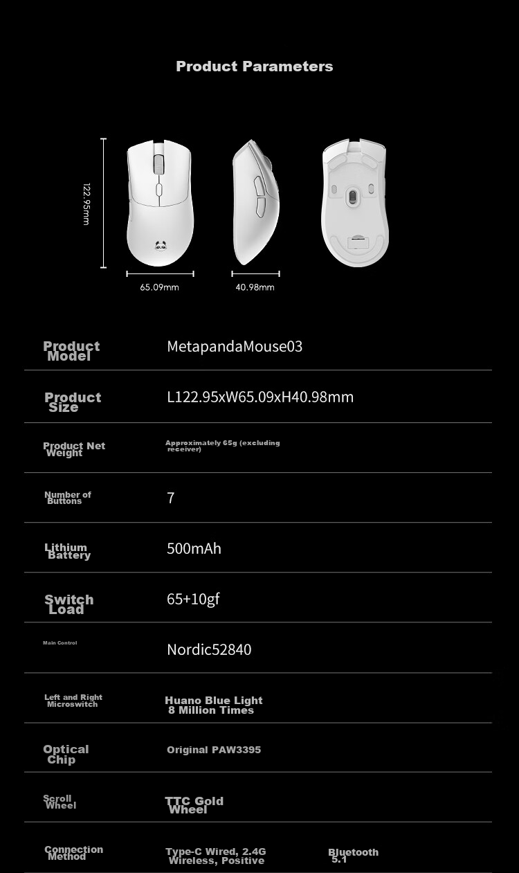 Xuanpai Panda Gaming Mouse P1 Pro, Large And Medium Hand Wireless 4K/Bluetooth/Wired, PAW3395 Tri-Mode E-Sports Wireless Office Mouse for Right-Handed Users, Black 10