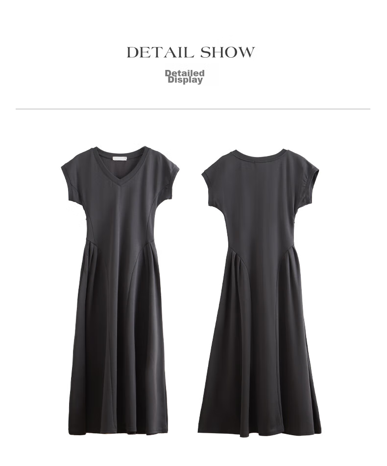 Olrain French-Style Elegant V-Neck Dark Gray Dress for Women, Summer Waist-Cinching A-Line Hem Audrey Hepburn Style, Dark Gray, Size L 26