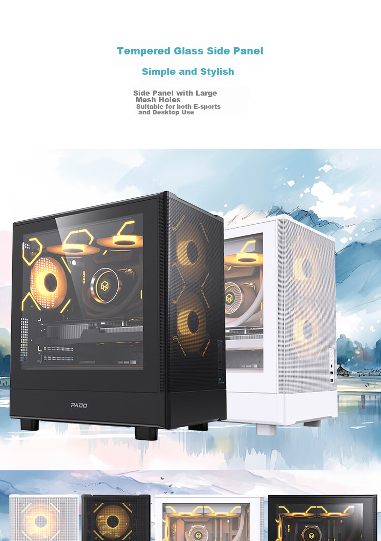 PADO Style 4 White Desktop Small Case with Glass Side Panel, Mesh Ventilation, Supports M-ATX Motherboard, Top 240mm Water Cooling 5