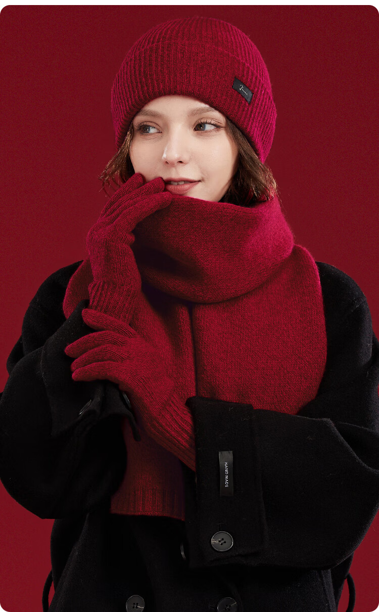 JIUMU Pure Wool Warm Scarf, Hat And Gloves Three-Piece Set for Women, Winter Birthday New Year Gift for Girls, Gift Box Packaging 12