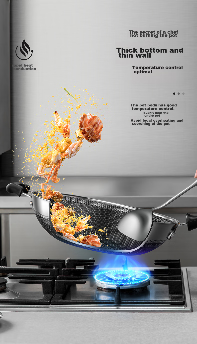 COOKER KING Wok, 316 Stainless Steel Frying Pan, Double-Sided Honeycomb Pattern Non-Stick Pan, 32cm, Can Be Used on Gas Or Induction Stoves, with Visible Lid And Stand 12