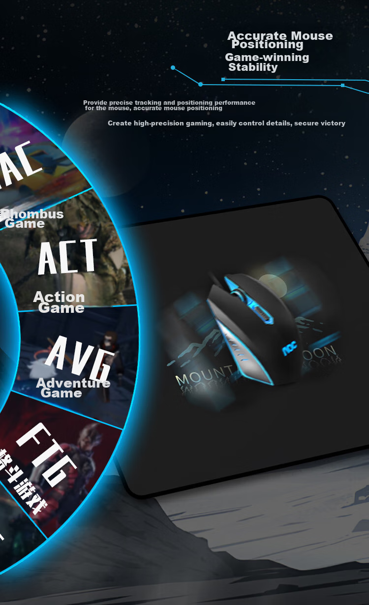 AOC Gaming And Office Mouse Pad Medium And Small Size 300*250*3mm for Office Keyboard Computer Desk Pad M101/93 Mountain And Moon Black 3
