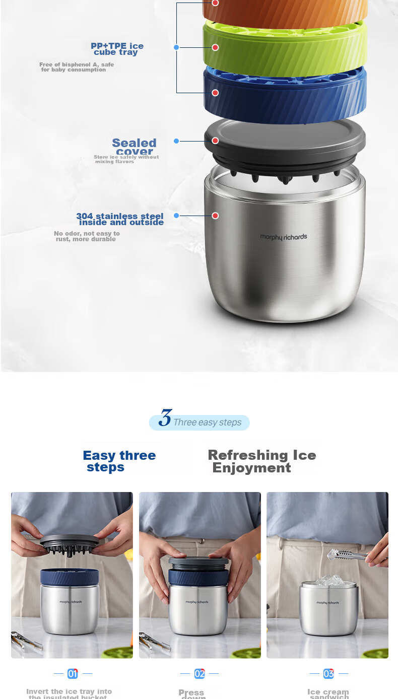 Morphyrichards Ice Cube Tray Mold, Three-Layer Ice Maker with Quick Release, Stainless Steel Ice Storage And Insulation Bucket, Home Ice Maker Mold MR1105 14