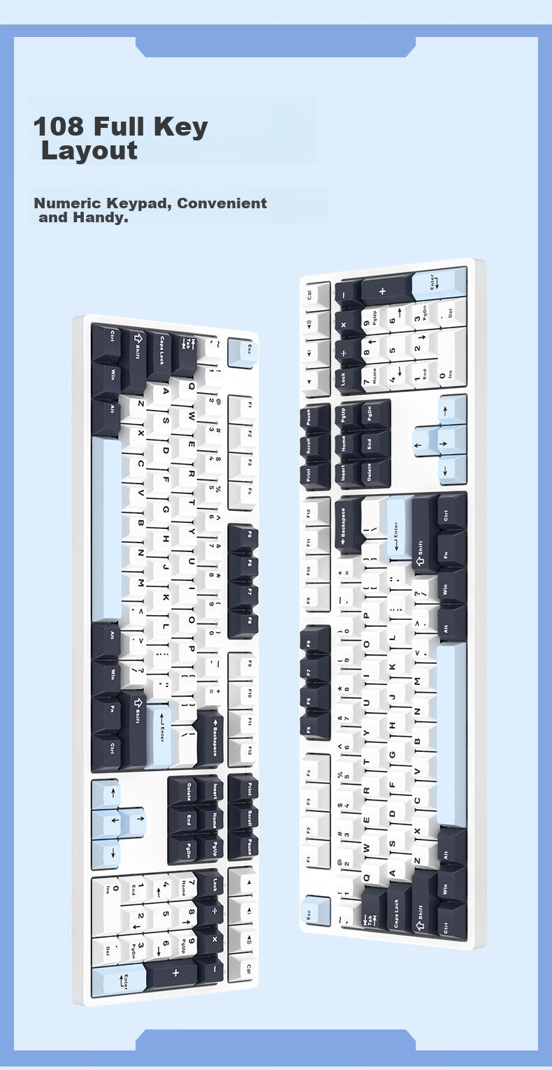 Ikbc Z108 Wireless Mechanical Keyboard, 108 Keys, Gaming And Office Keyboard with Good Typing Feel, Computer Peripheral, Dark Blue And Berry Red Switches, Wireless 7