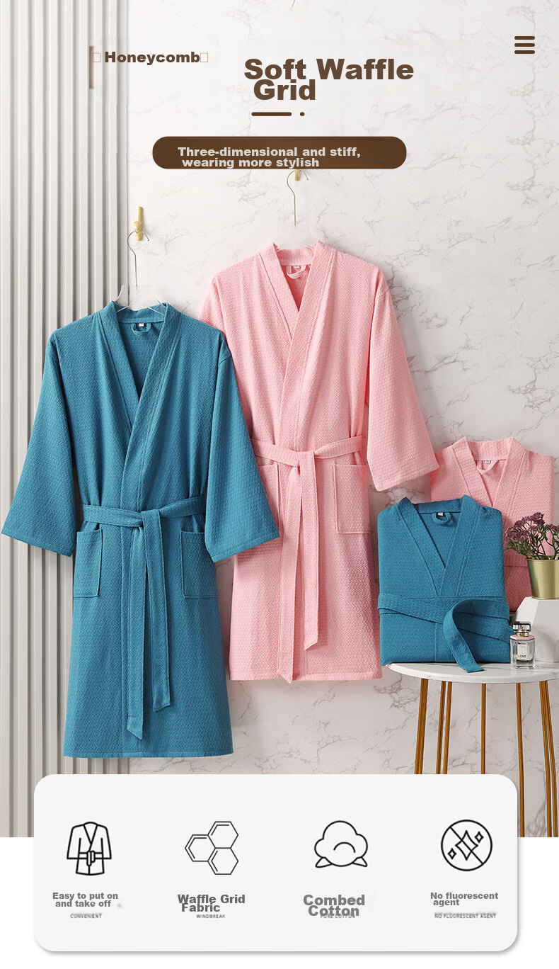 Xinya Pure Cotton Waffle Adult Bathrobe, Unisex Couple Spring Summer Thin Sleepwear Loungewear, Pink, Size L 1