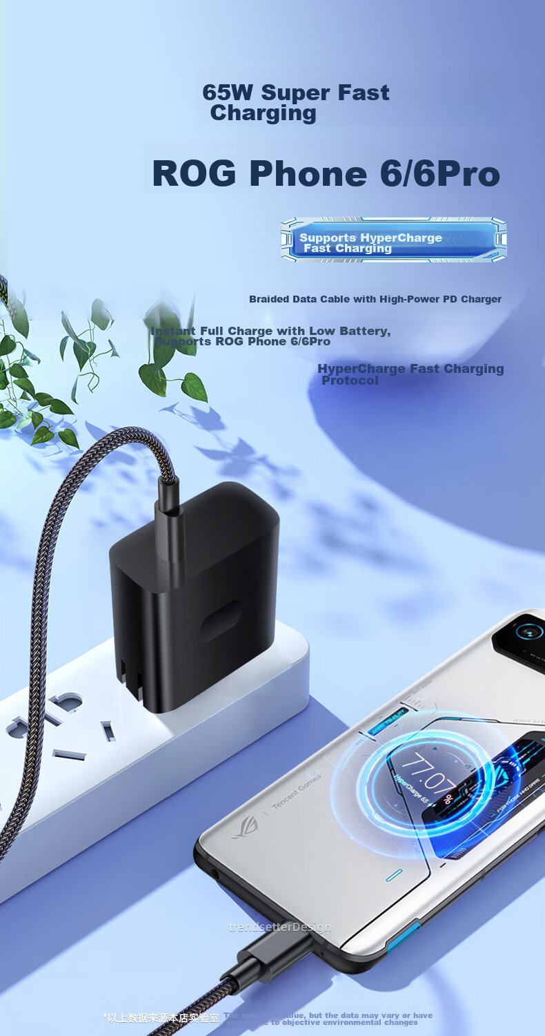 Chaofan Compatible with ASUS ROG9/8/7/6/6Pro/5/5s/5Pro Data Cable, PD Fast Charging 65W, Eye of The Beholder Gaming Phone ROG3, Dual Type-C Charging Cable, 2 Meters Extended 3
