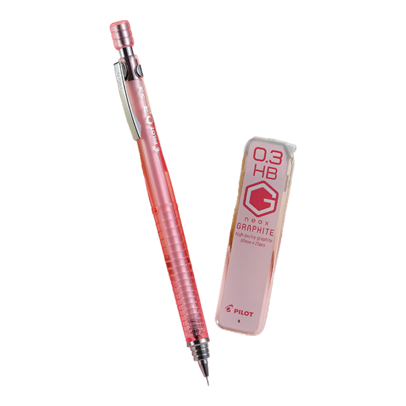 PILOT S3 Drawing Mechanical Pencil 0.3 Student Stationery Mechanical Pencil Sketching Pencil with Eraser, Transparent Coral Pink + Neox Graphite Mechanical Pencil Lead 0.3, Pack of 25, HB