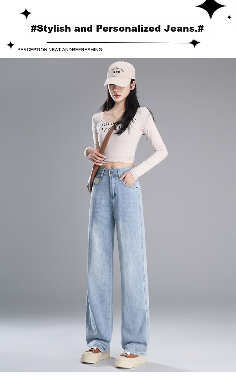 Pierre Cardin Women's Jeans, Autumn High-Waist Draping Floor-Length Casual Fashion Versatile Straight Loose Wide-Leg Pants, Light Blue, XL 12