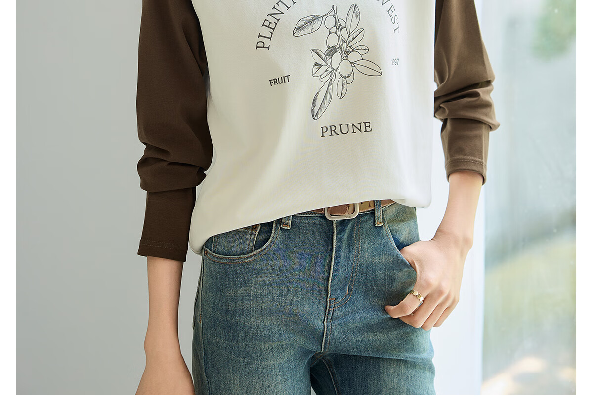 Chushen Spring And Autumn Long-Sleeve T-Shirt for Women, Wilderness Maillard Round Neck Contrasting Color Splicing Simple Loose Base Shirt S143T2022 15
