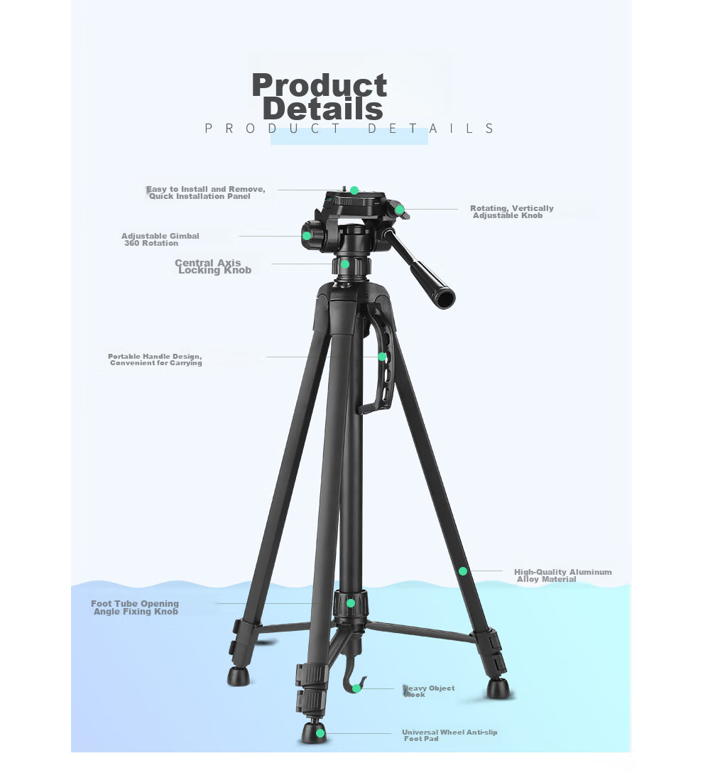 Weifeng WT-3540 Digital Camera/Mirrorless And DSLR Tripod, Aluminum Alloy Lightweight Tripod, Photography And Videography Phone Selfie Live Streaming Outdoor Projector Floor Stand 9