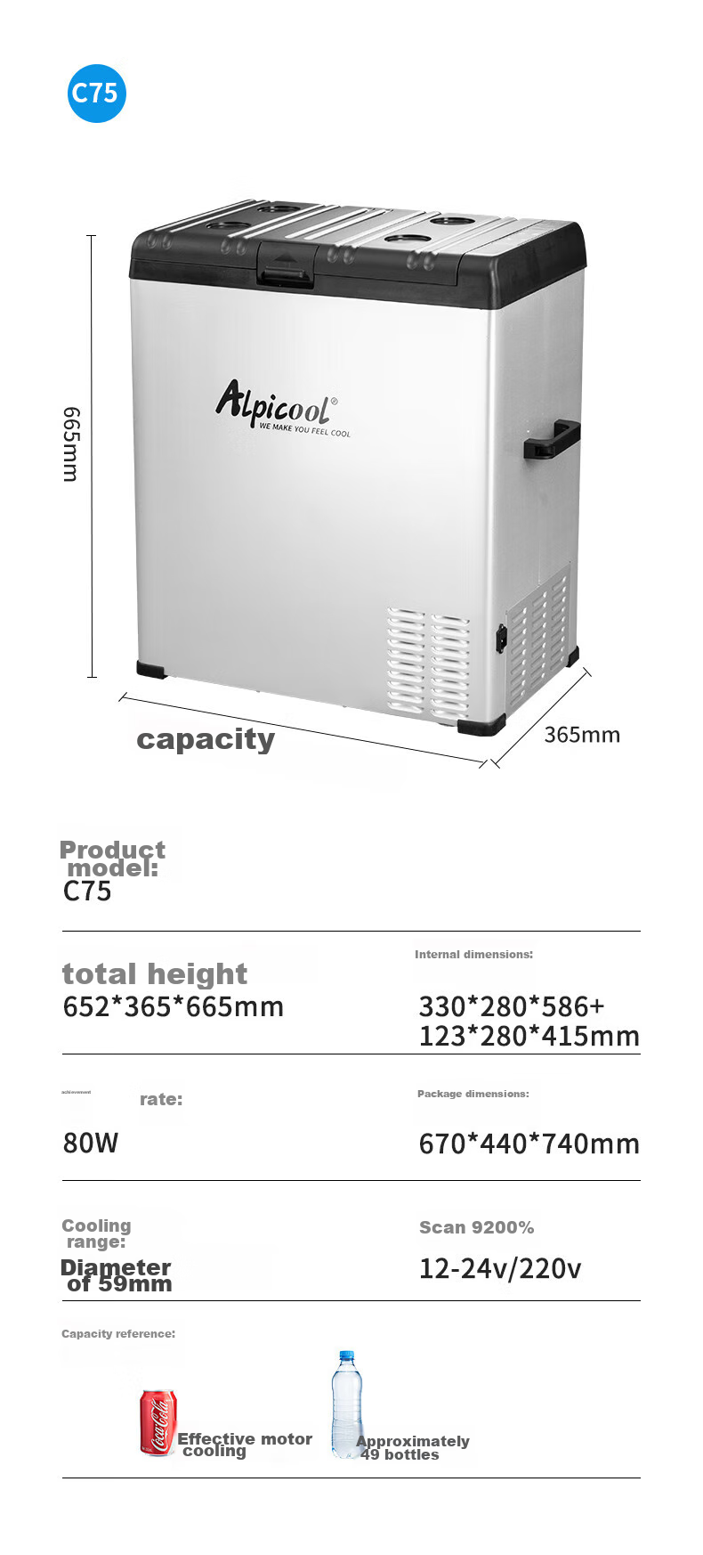 Alpicool Car Refrigerator, Dual-Use for Car And Home, Compressor-Freezing And Refrigeration, Suitable for Dormitory And Office, Mini C75 Large Capacity Fridge 15