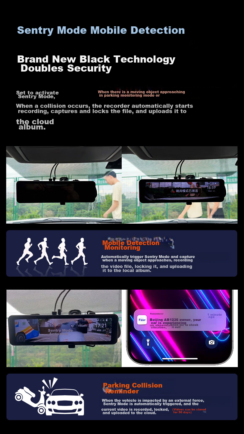 Weilute 4G Sentry Mode, Self-Driving Recorder, 360-Degree Panoramic 24-Hour Parking Monitoring, SONY Rearview Mirror 11