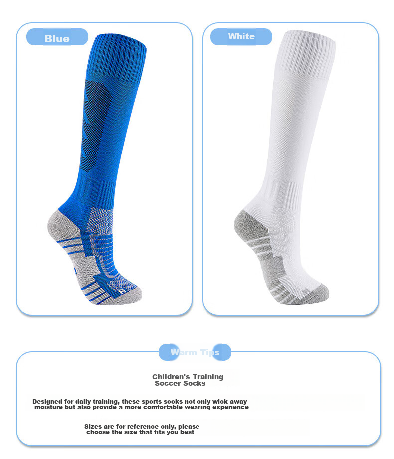 VICLeO Children's Soccer Socks, Over-Knee High Tube, Youth Terry Bottom Non-Slip Professional Training Long Socks V621362 Blue 10