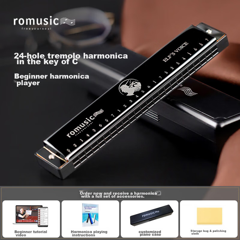 Romusic Harmonica, 24-Hole Polyphonic C Key Beginner Harmonica (Black), Recommended for Student Teaching