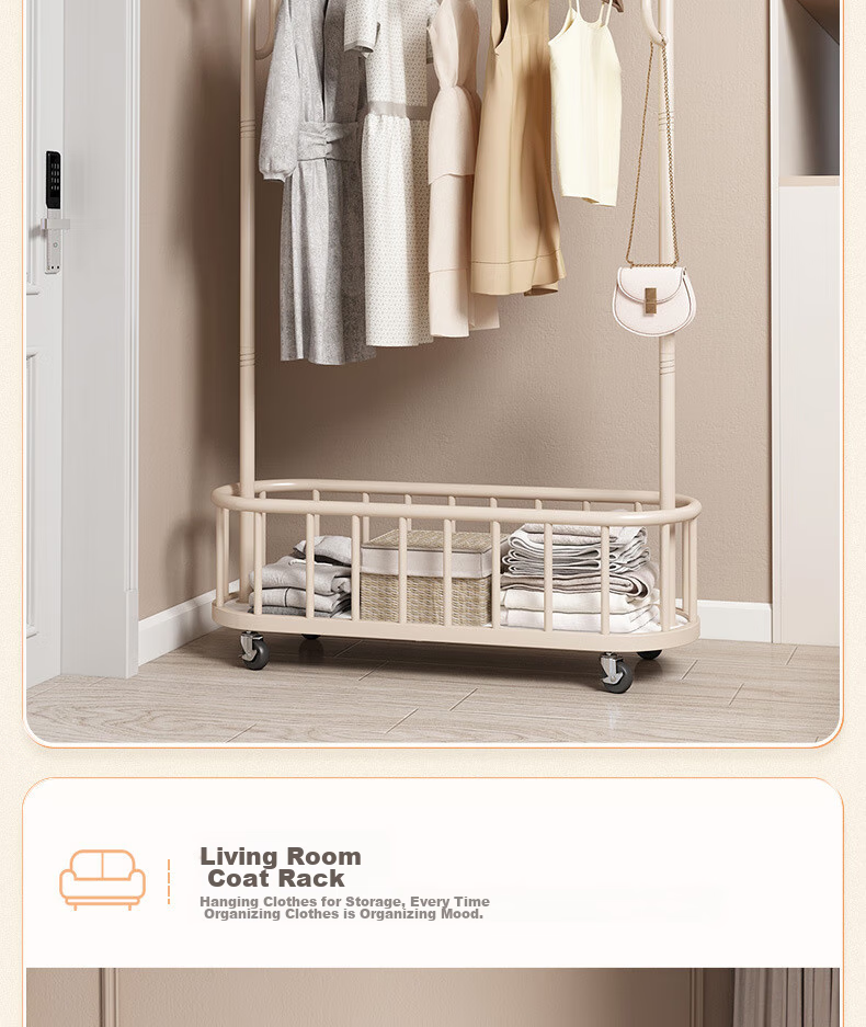 Yijia Coat Rack, Floor-Standing Clothes Rack, Multifunctional Movable Coat Hanger with Wheels for Home Use, Cream White 100cm 11