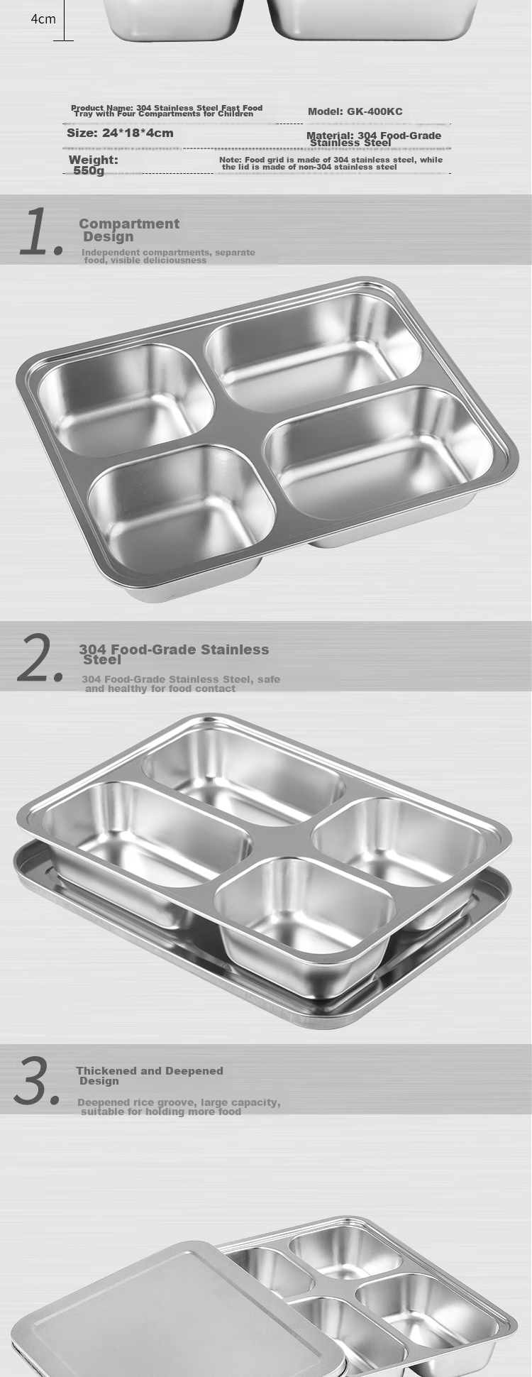 Golden Key 304 Stainless Steel Thickened Adult Lunch Tray Full Steel High-Profile Five-Compartment with Lid GK-530KC 2