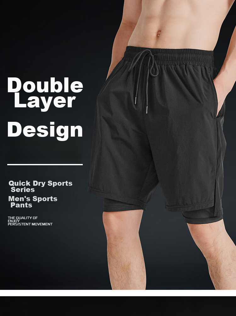 Fandimu Men's Sports Shorts, Marathon Running Black Double-Layered Inner Lining Fitness Hiking Quick-Dry Breathable Knee-Length Shorts 1