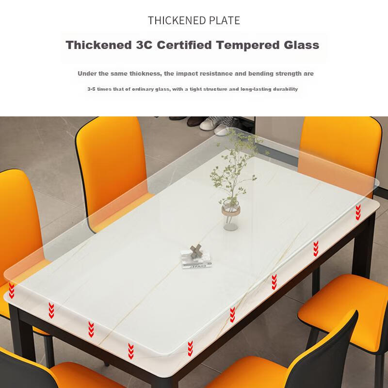 Fanshe Dining Table And Chair Set, Simple Luxury Glass Rock Slab Pattern, Compact Size for Home Dining Room, Rectangular Dining Table