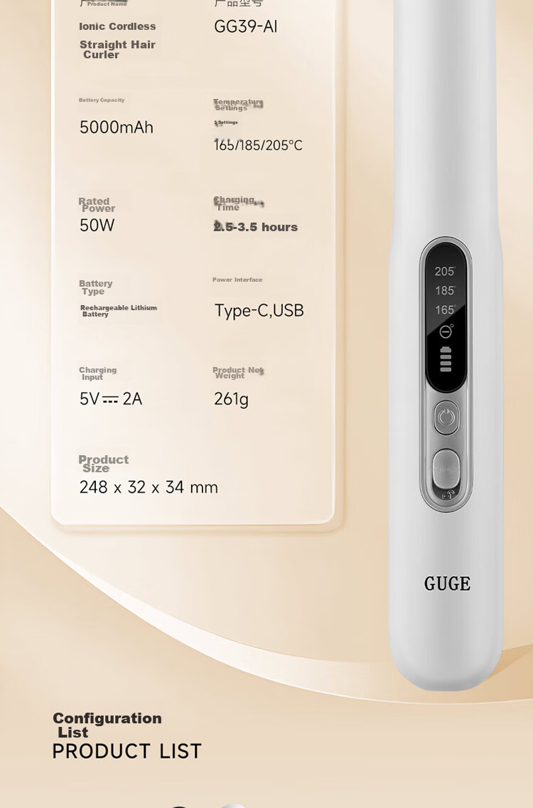 GUGE German [Wireless Portable] Straight Hair Iron, Negative Ion Straightening Iron, Gentle on Hair, Wireless Straightening Iron for Men And Women, Mini Small High Crown Straightening Iro 36