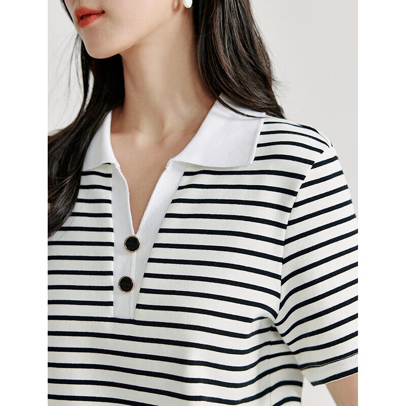 INMAN Casual Striped Regular Shoulder T-Shirt, Summer Women's Wear, Stylish POLO Collar, Slimming Short Sleeve, Black, Baitiao XL