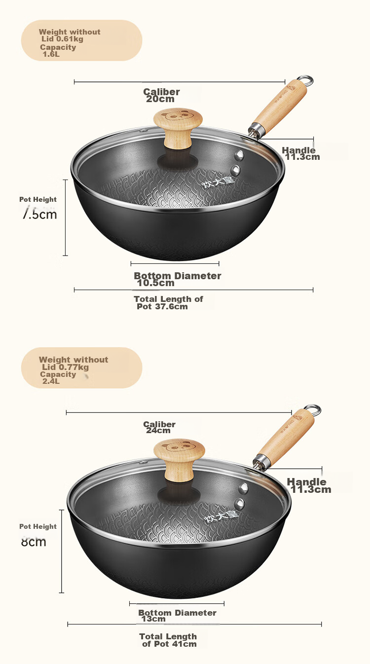 COOKER KING Small Iron Wok, Frying Pan for Home Use, Flat Bottom Pan, Baby Food Pot, Single Serving Pan for Induction Cooker, 20cm 12