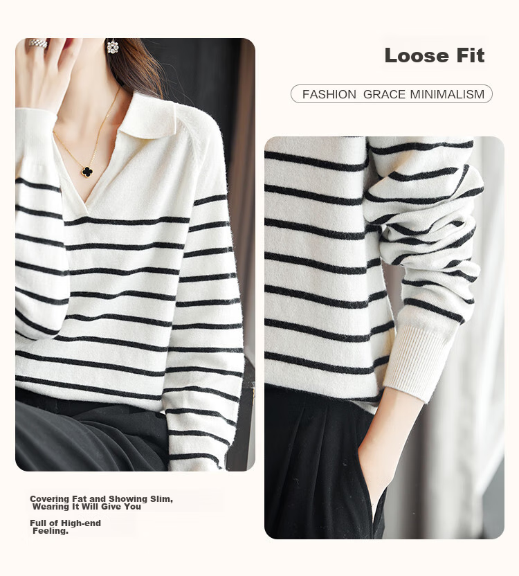 Dme Wool V-Neck Striped Sweater, Elegant And Relaxed Women's Wool Sweater, Black, L 5