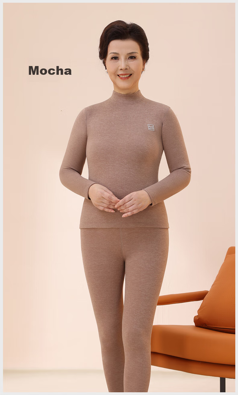MiiOW [Goose down And Tencel] Thermal Underwear Set for Men And Women, Autumn And Winter Thickened Middle-Aged And Elderly Semi-Turtleneck Autumn Top And Pants 29