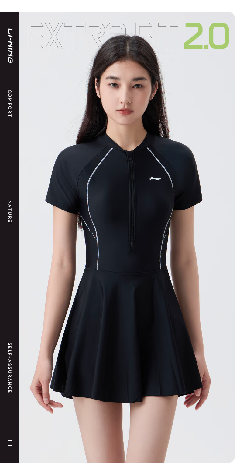 Li-Ning Women's Swimsuit, Sun Protection One-Piece Dress Swimwear, Conservative Plus Size, Tummy Control, Hot Spring Swimwear, 0631 Black XXL 1