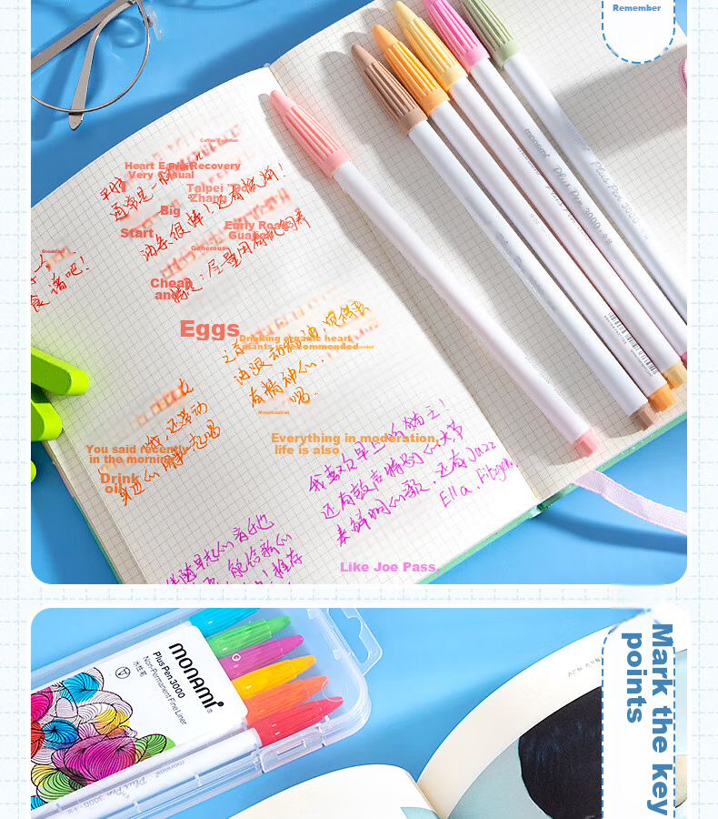 Monami New P3000 Fiber Pen, Water-Based Pen, Colored Gel Pen Set, Watercolor Pen, Outlining Pen, Journaling Pen, 24 Colors in Box, 04009Z24-R Watercolor Pe 12