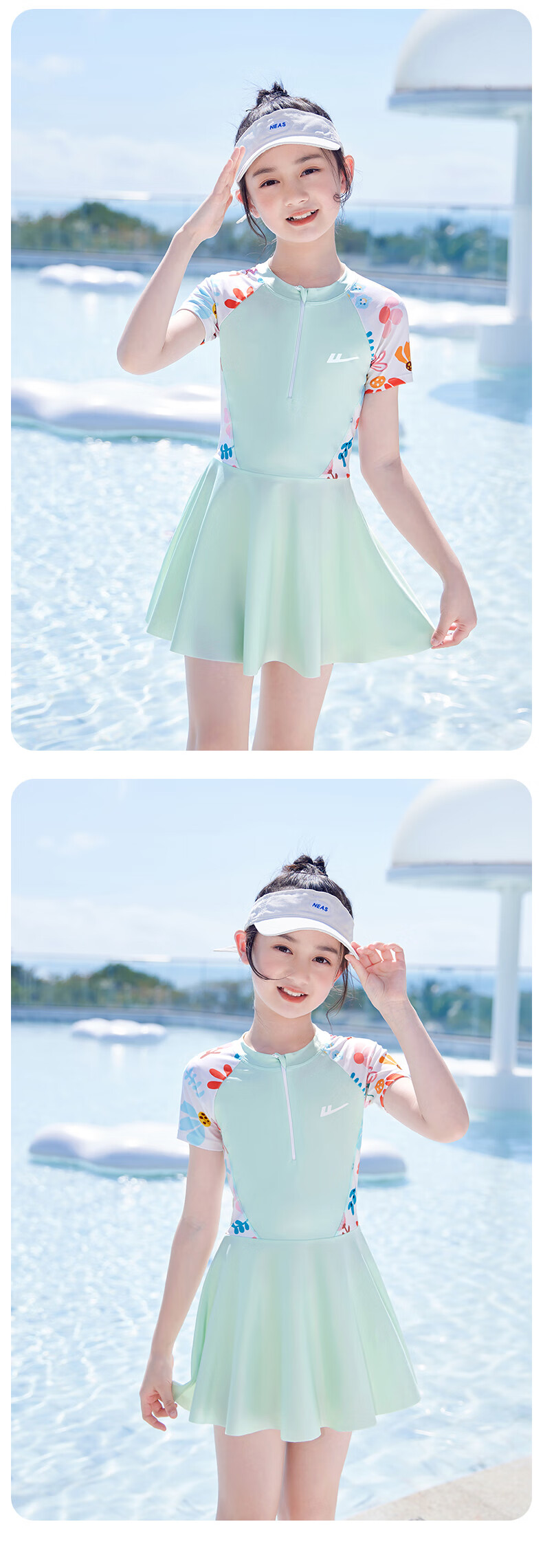 Huili Children's Swimsuit, Girls' One-Piece Dress, for Older Kids, Quick-Drying Swimming Pool Set for Girls, Three Pieces, 34020 Green, Size L 15