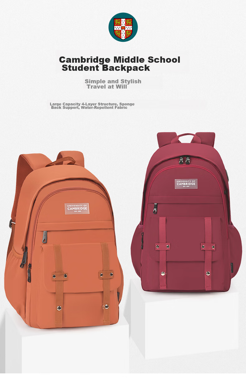 UNIVERSITY OF CAMBRIDGE Backpack for Female Middle School Students, Large Capacity Lightweight Double Shoulder Bag, Reduced-Load Backpack, Fashionable Trend CA428 Brown-Red 1