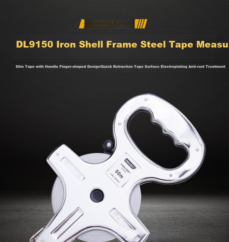 Deli Frame-Style Handheld Measuring Tape, Steel Reel Tape Measure for Engineering Measurement, 100m*12.5mm 1