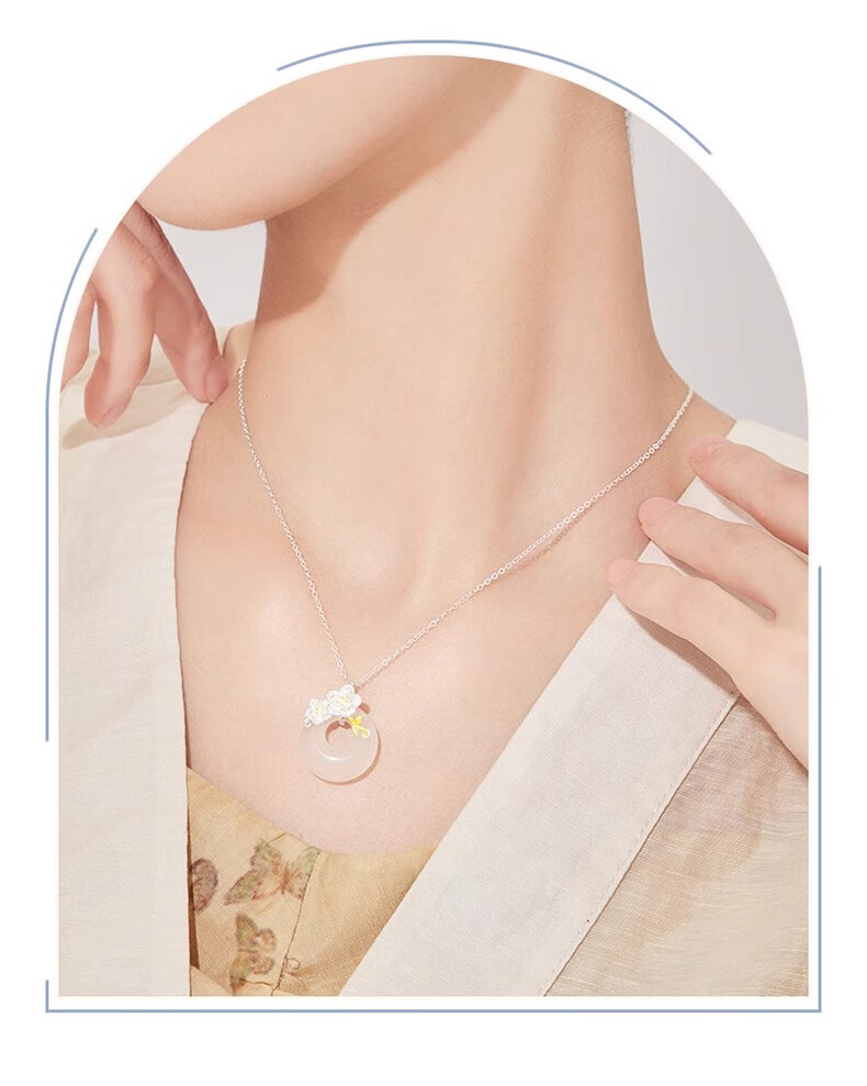 Chow Tai Fook Camellia Silver Necklace for Women Luxury Peace Jade Pendant 520 Birthday Gift for Girlfriend 3