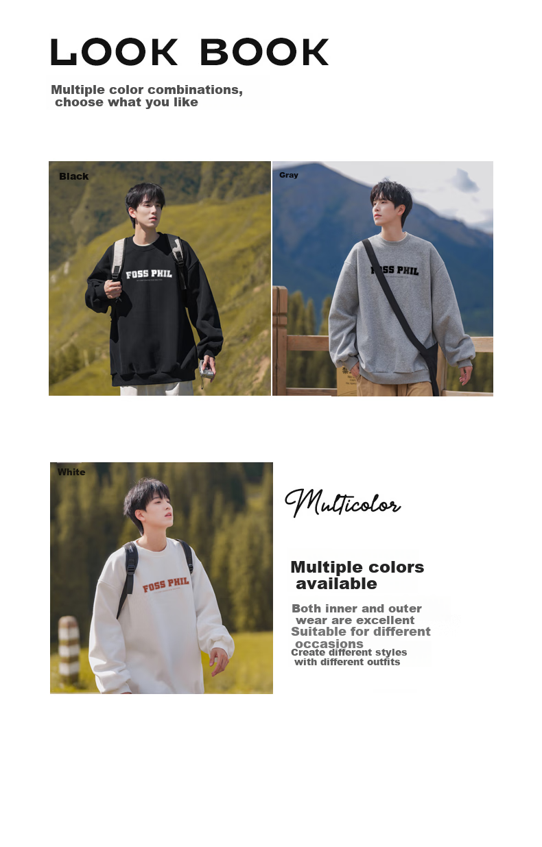 Foss Phil Men's Crew Neck Sweatshirt Autumn Winter Long Sleeve Printed Loose Casual Base Shirt FPW2 White M 2