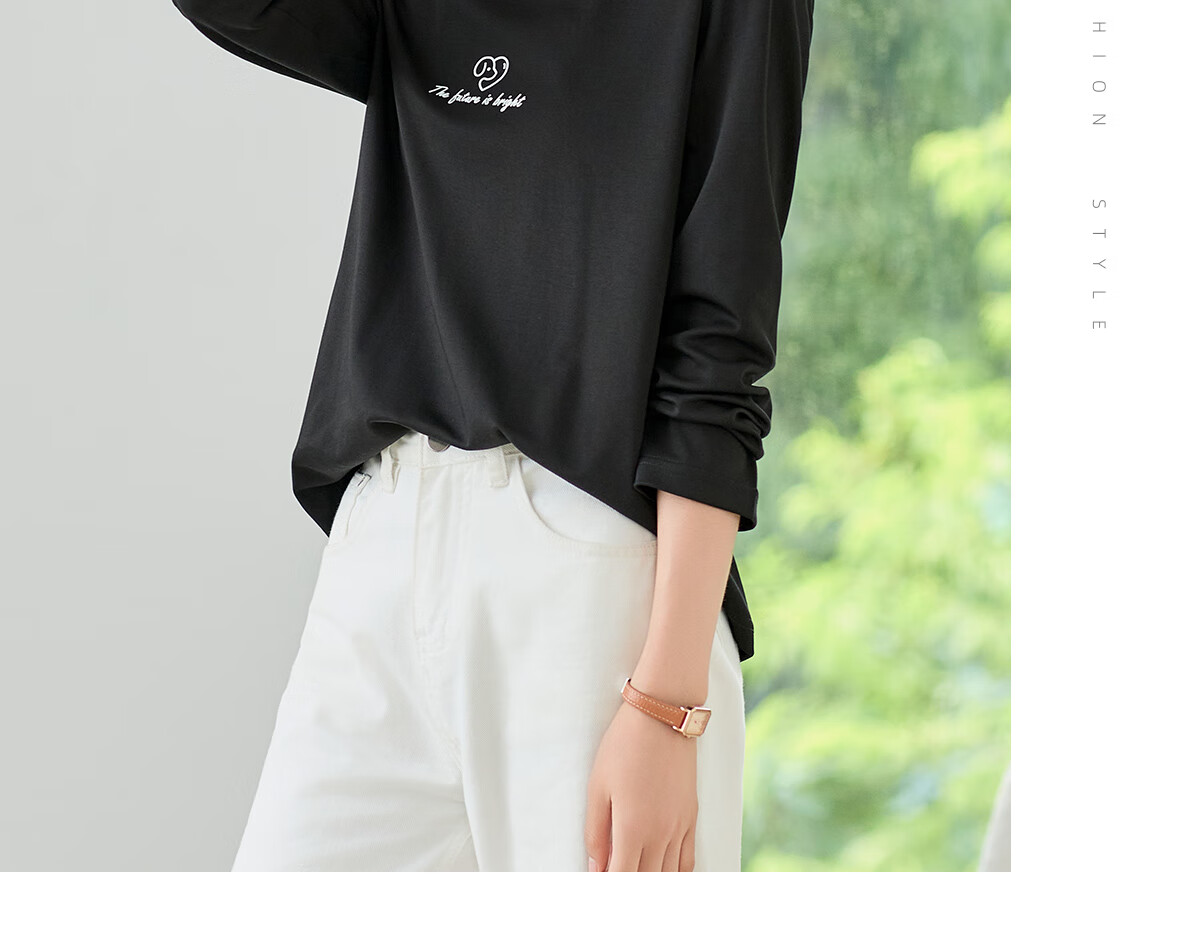 Chushen Women's Spring and Autumn Long Sleeve T-Shirt Pure Cotton Basic Loose Letter Print Crew Neck Top S143T2013 12